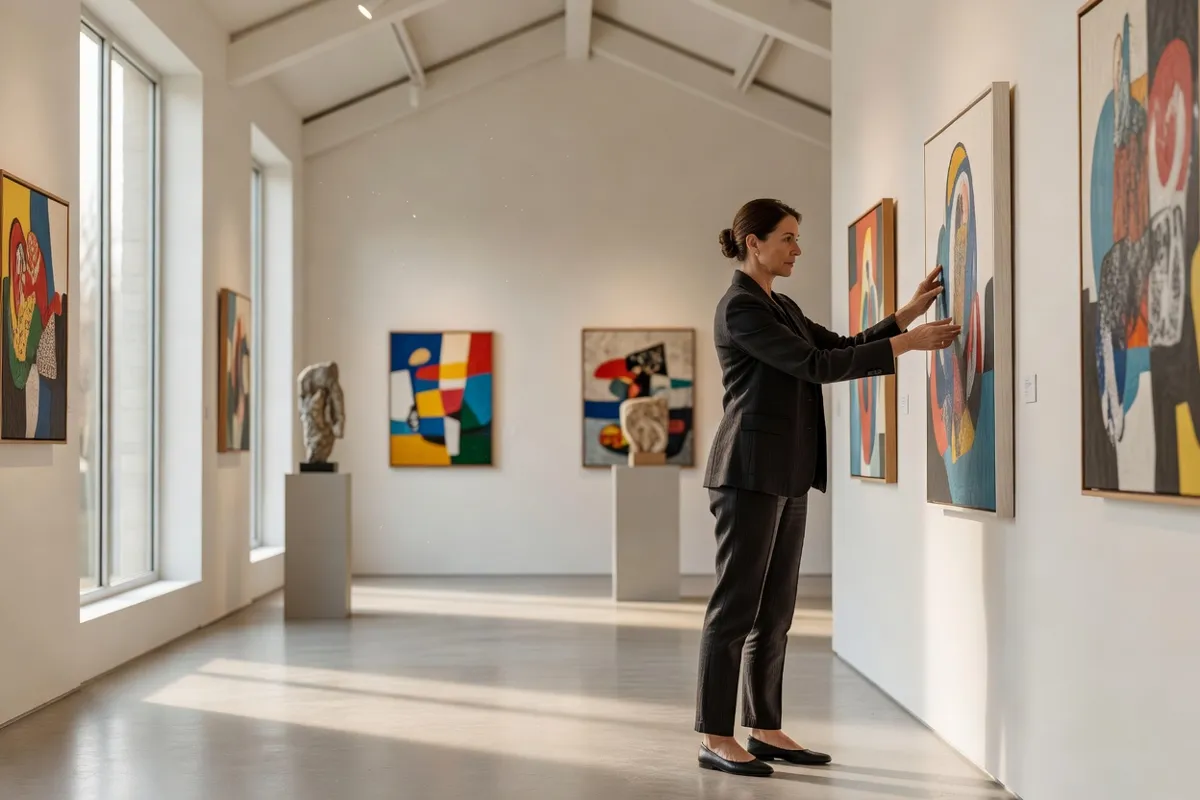 Galeriste installant des pièces dans un espace d'exposition lumineux