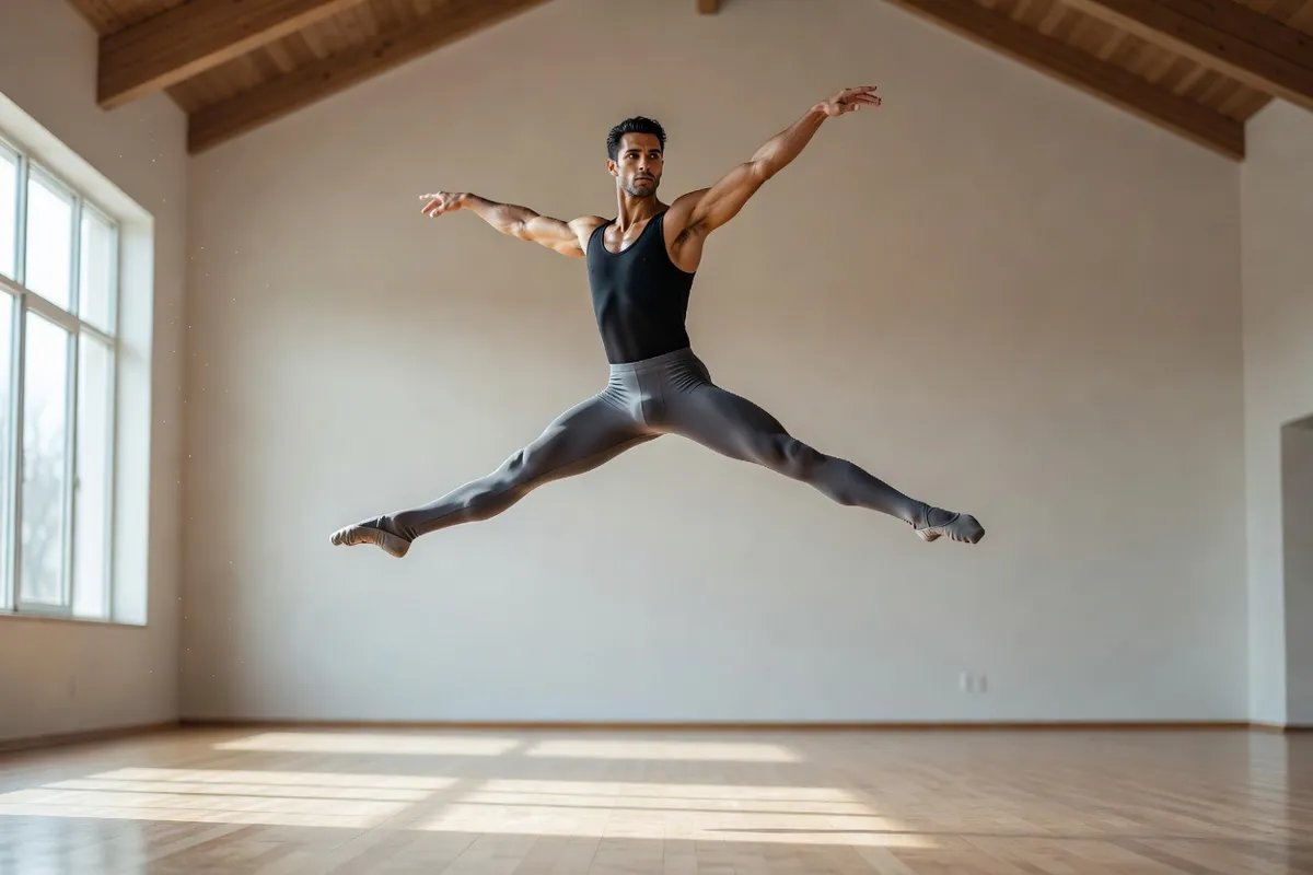 Danseur de ballet en plein saut dans un studio de répétition lumineux