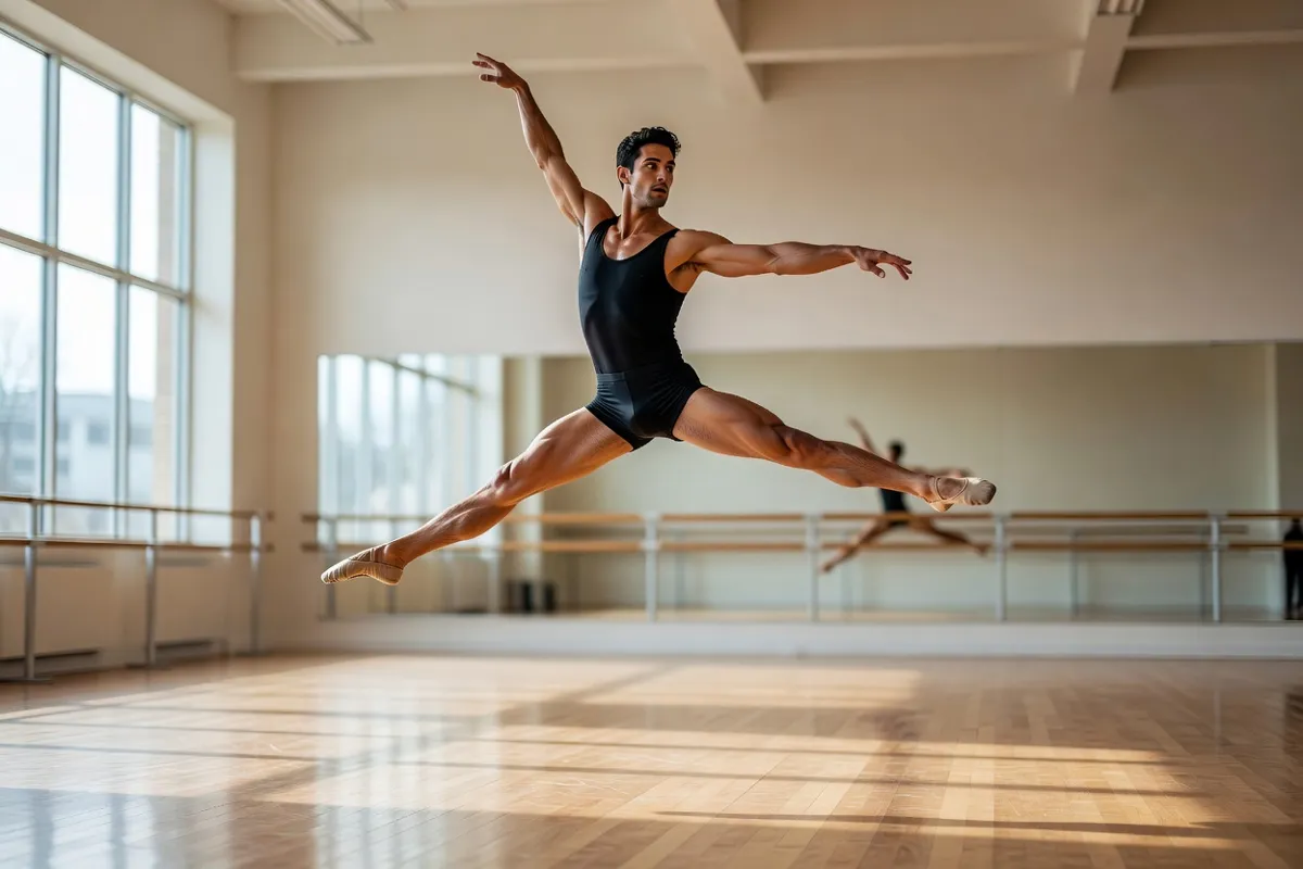 Danseur de ballet en plein saut dans un studio de répétition lumineux