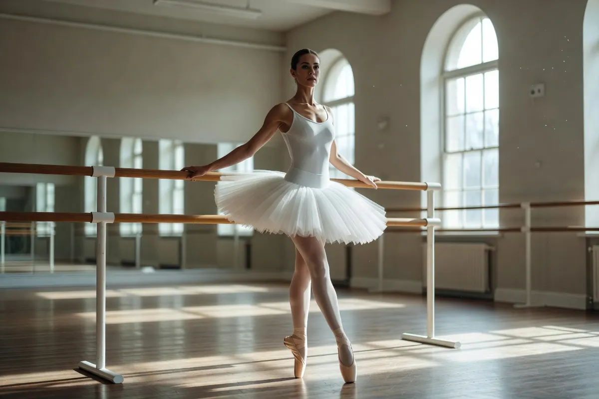 Danseuse en tutu blanc répétant à la barre dans un studio lumineux