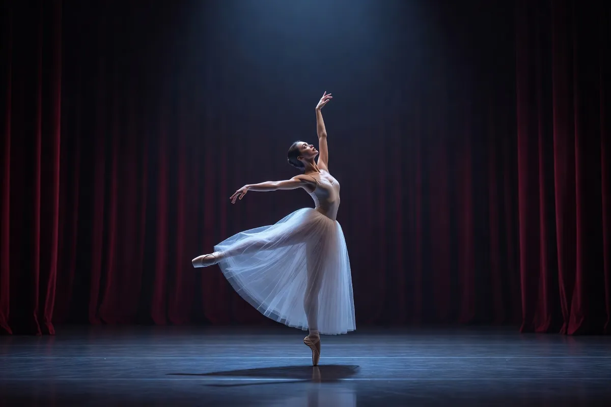 Danseuse en tutu romantique sur une scène de théâtre sous une lumière bleutée