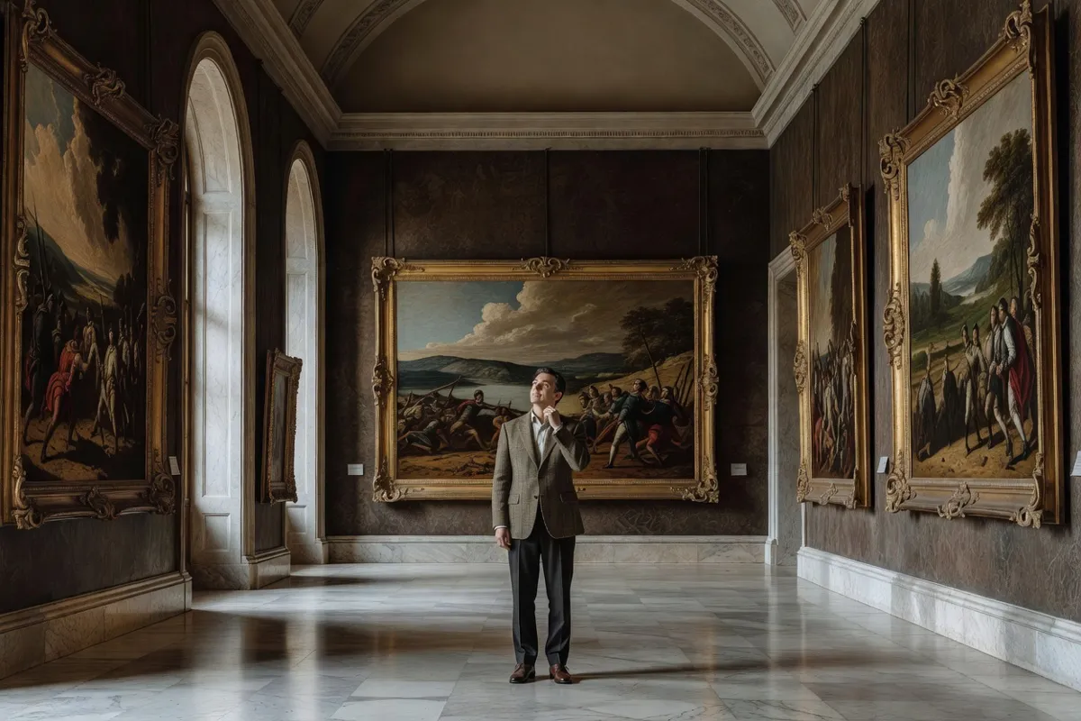 Visiteur devant de grands tableaux encadrés dans une galerie de musée classique