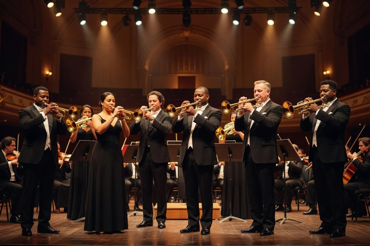 Cuivres d'un orchestre jouant trompettes et cors sous une lumière chaude de scène