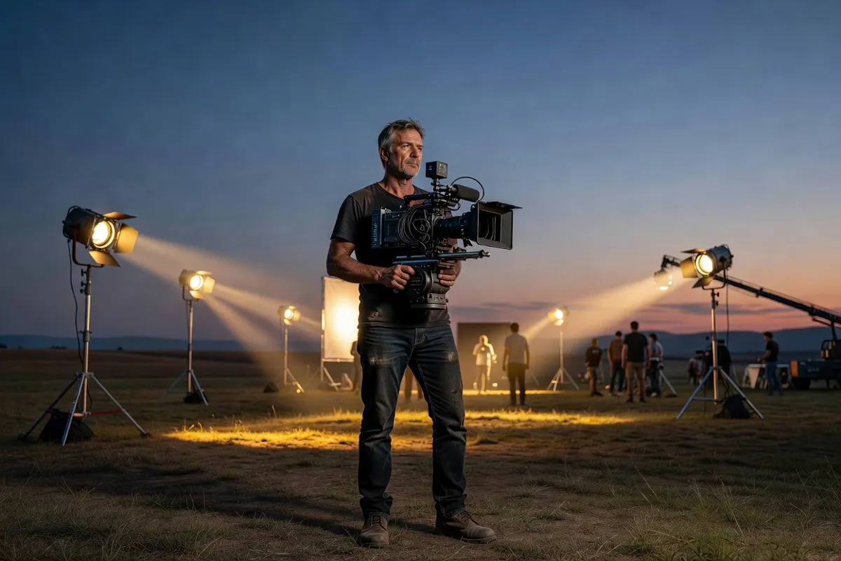 Réalisateur avec une caméra sur un plateau de tournage au crépuscule
