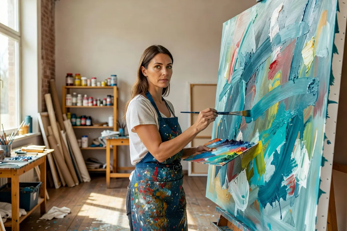 Peintre dans un atelier lumineux devant une grande toile