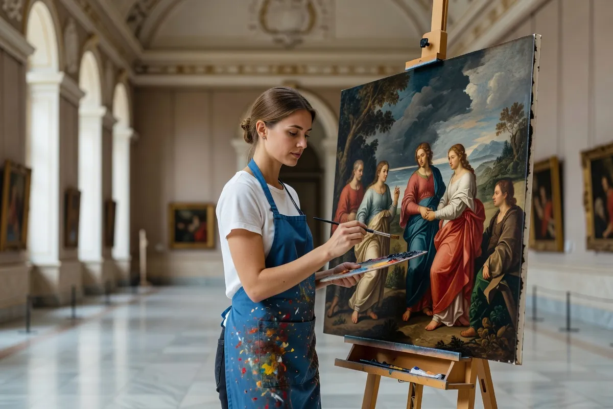 Étudiante en art copiant un tableau dans un musée devant son chevalet