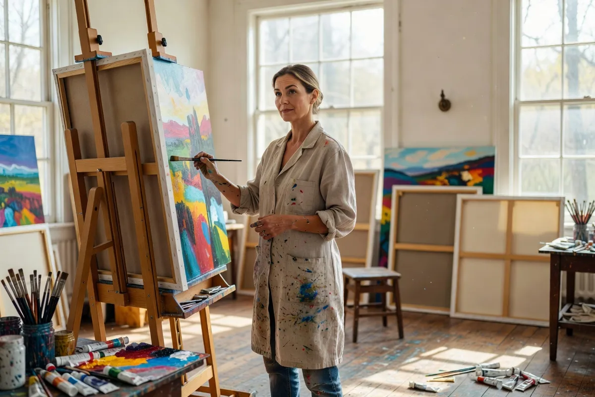 Peintre dans un atelier lumineux devant une grande toile