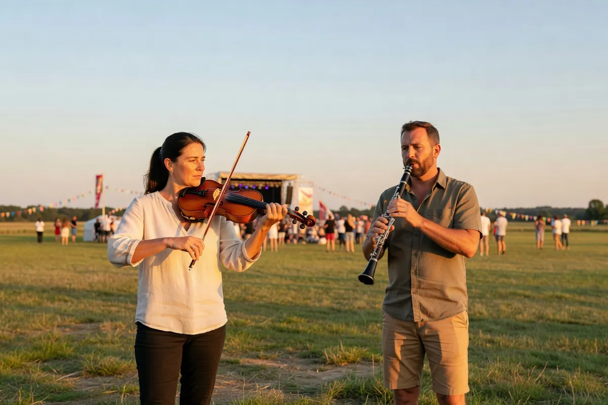 Musiciens jouant violon et clarinette lors d'un festival d'été en plein air