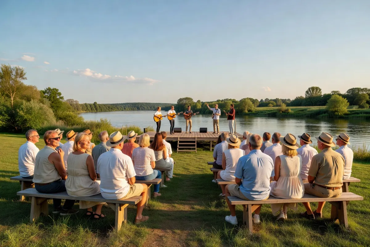 Public adulte assis sur des bancs devant une scène en plein air au bord d'une rivière
