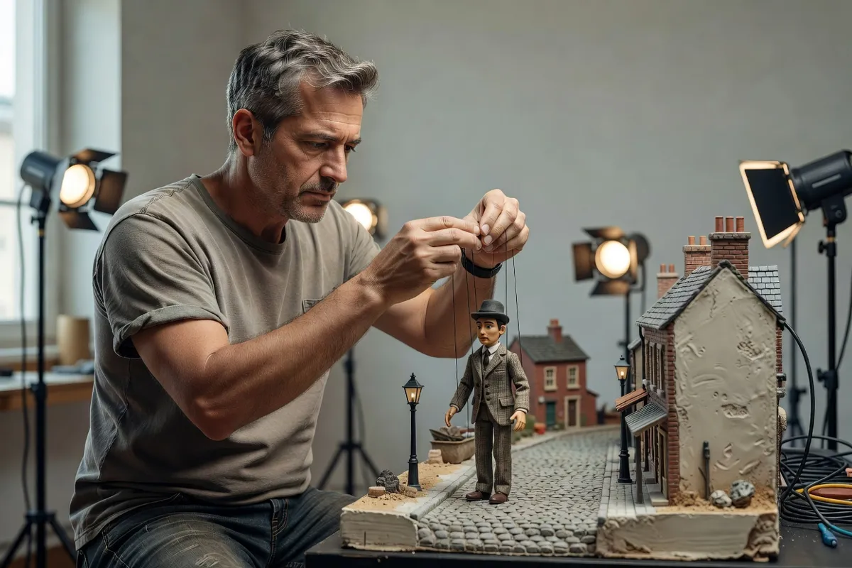 Animateur déplaçant une petite marionnette sur un décor miniature éclairé