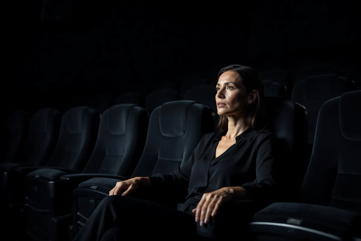 Spectatrice dans une salle de cinéma obscure, visage éclairé par l'écran