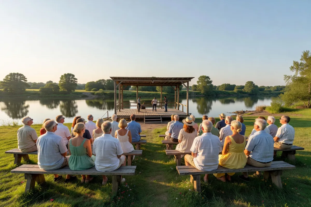 Public adulte assis sur des bancs devant une scène en plein air au bord d'une rivière