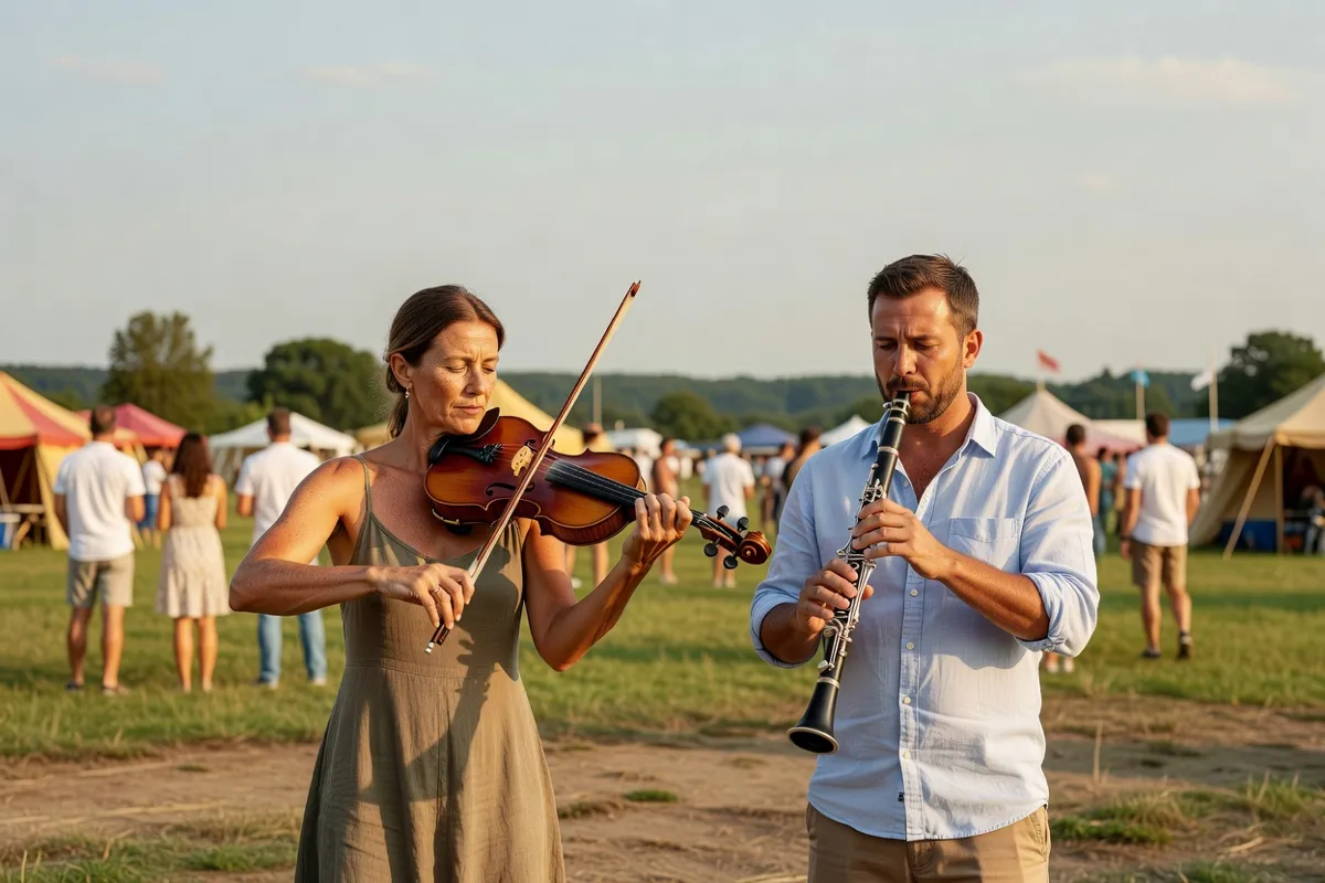 Musiciens jouant violon et clarinette lors d'un festival d'été en plein air