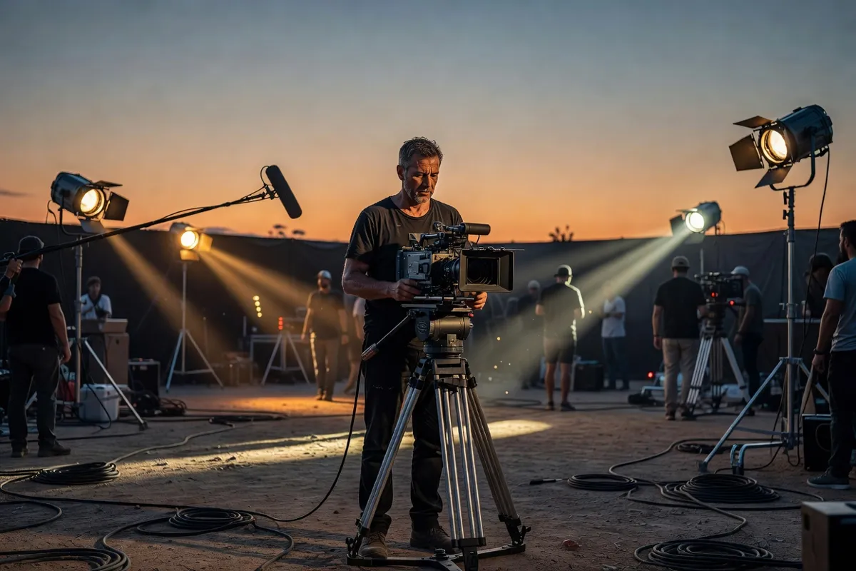Réalisateur avec une caméra sur un plateau de tournage au crépuscule