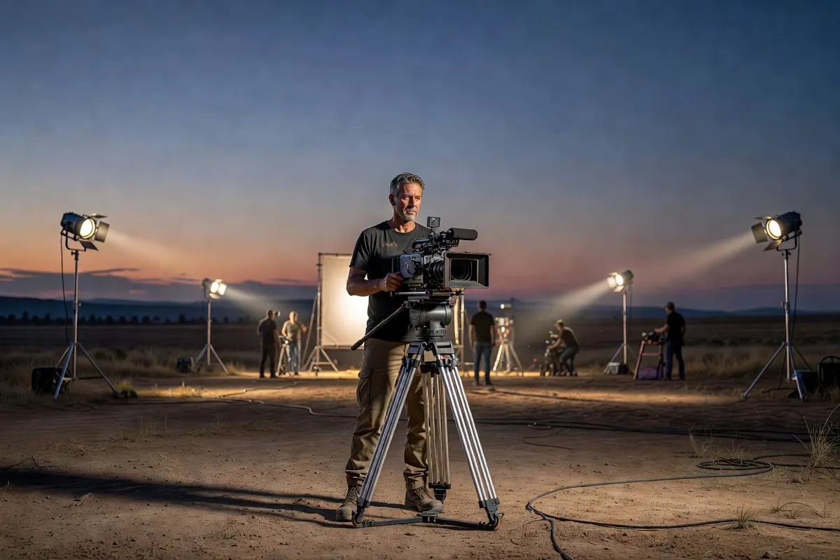 Réalisateur avec une caméra sur un plateau de tournage au crépuscule