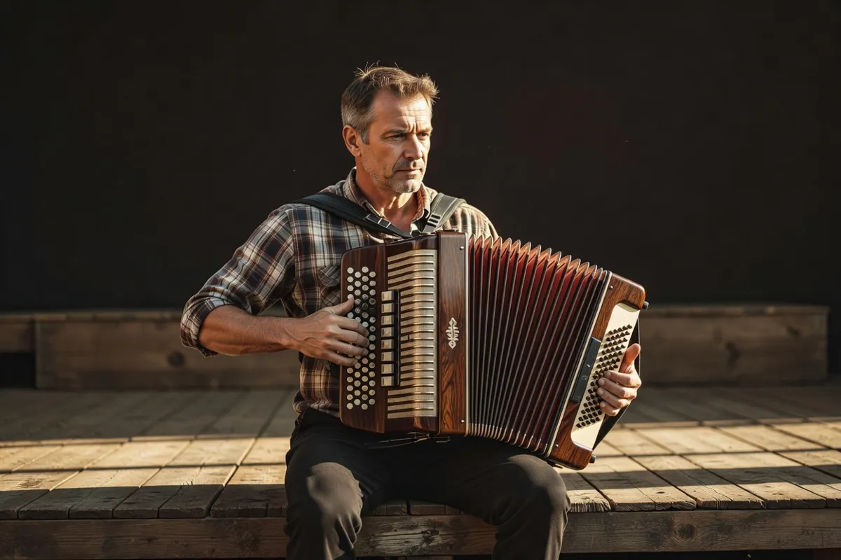 Accordéoniste jouant du bayan sur une scène de bois