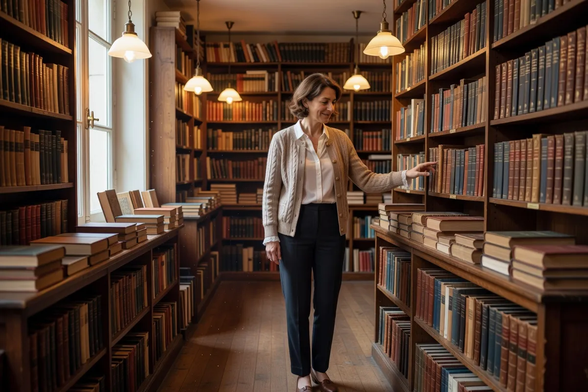Femme feuilletant des livres dans une librairie parisienne aux lumières chaudes