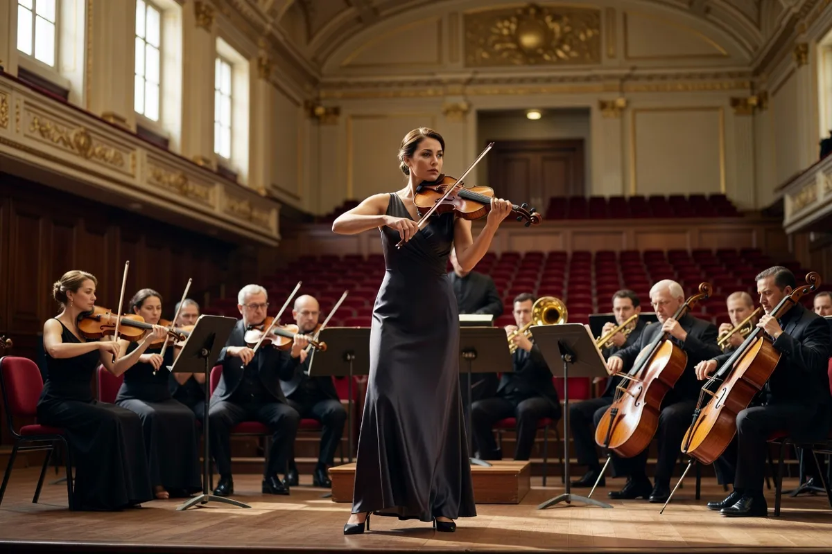 Violoniste soliste debout face à un orchestre dans une salle de concert