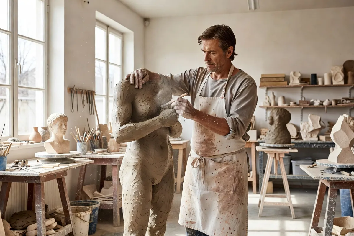 Sculpteur en tablier modelant une figure en terre dans un atelier lumineux