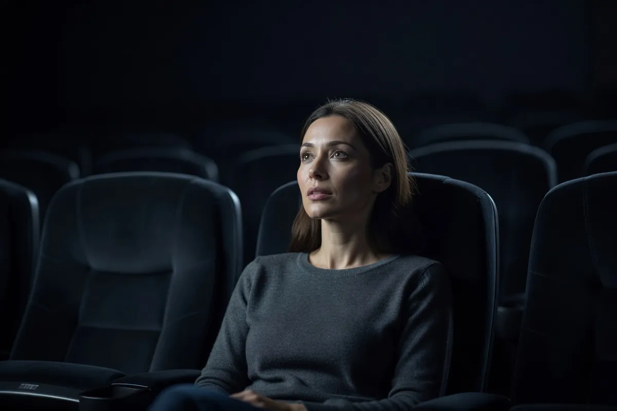 Spectatrice dans une salle de cinéma obscure, visage éclairé par l'écran