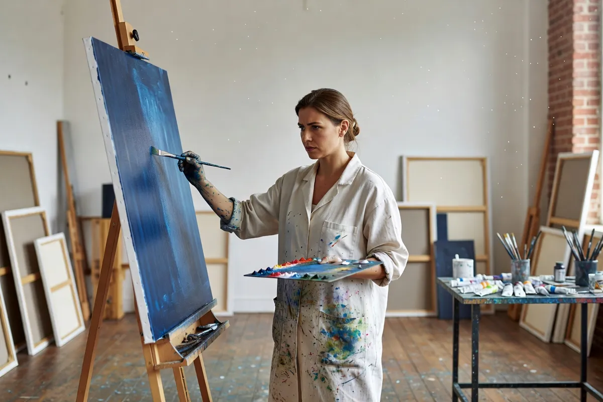 Peintre dans un atelier lumineux devant une grande toile