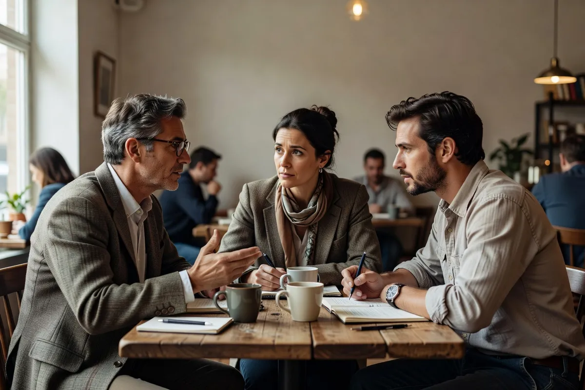 Critiques de cinéma discutant dans un café après une projection, carnets sur la table