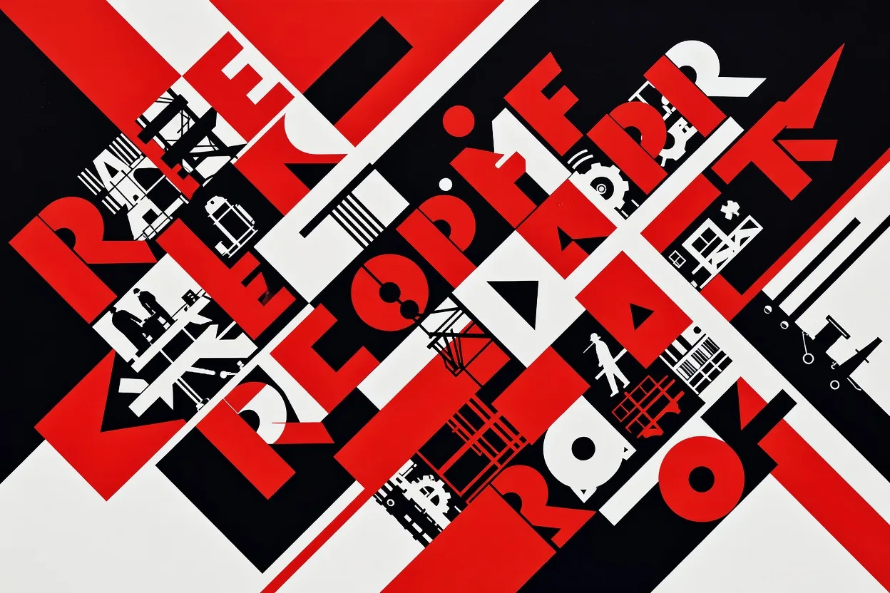 Composition graphique constructiviste soviétique avec diagonales rouges, typographie massive et photomontage