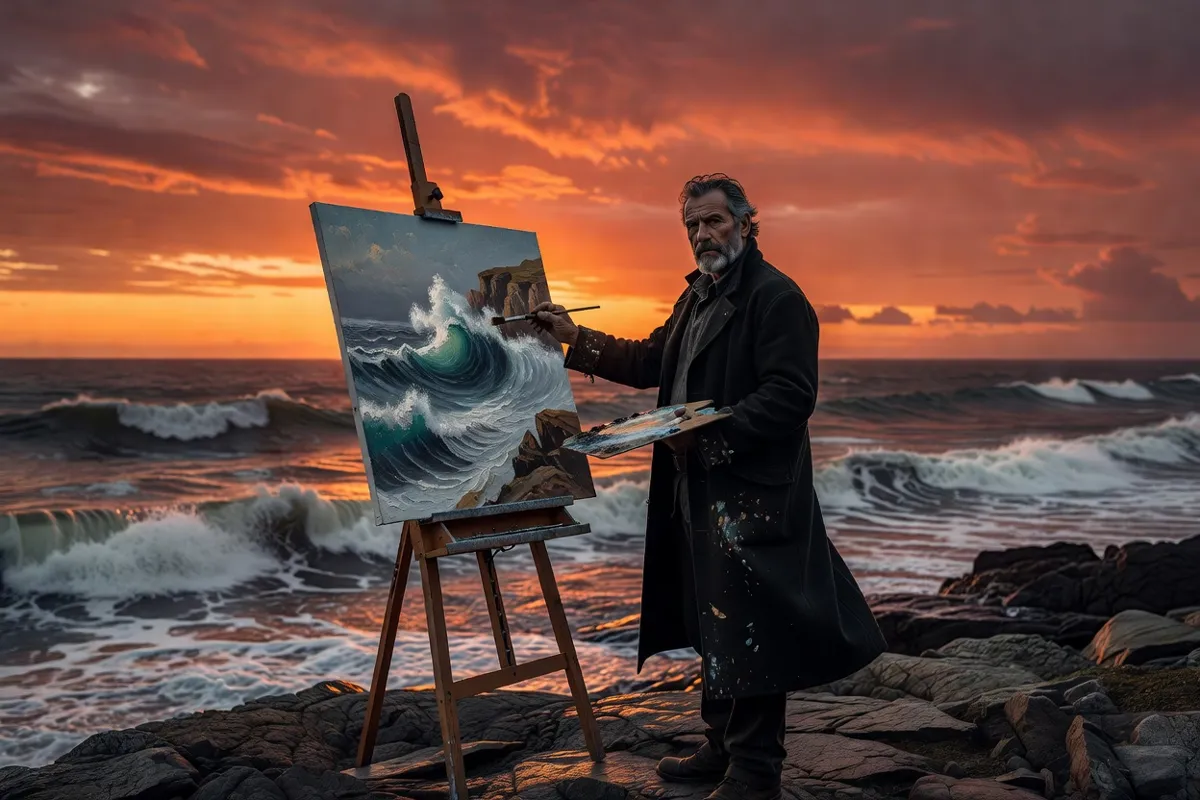 Peintre en veste sombre devant un chevalet face à la mer au crépuscule, une toile de marine en cours posée devant lui