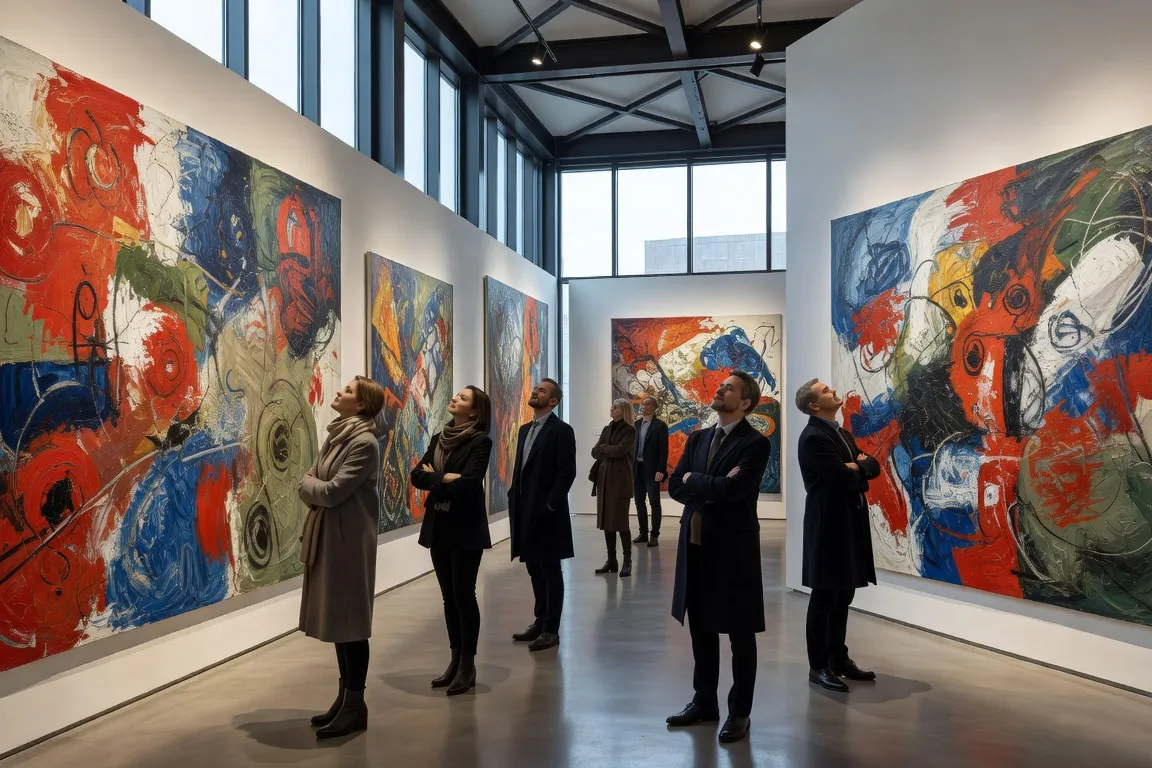 Musée d'art contemporain avec grands formats russes sur murs blancs, visiteurs contemplant les œuvres, ambiance galerie moderne