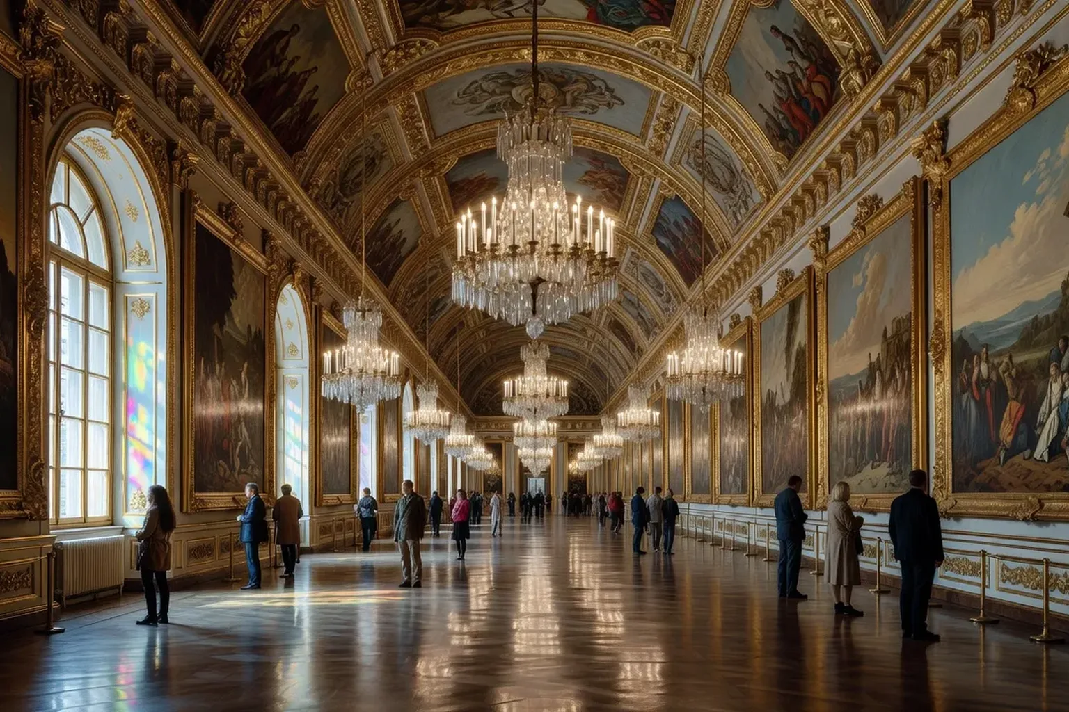 Galerie du Musée Russe de Saint-Pétersbourg, grande salle avec œuvres monumentales, visiteurs en contemplation