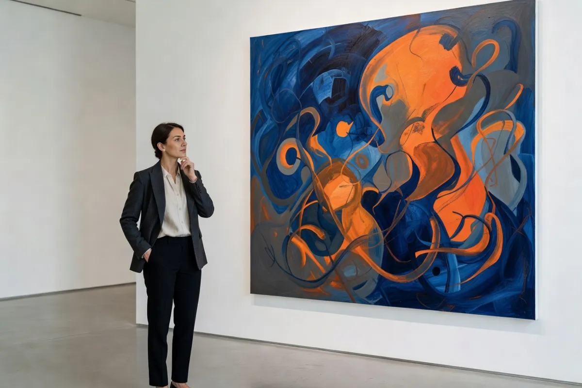 Visiteuse dans une galerie d'art contemporain devant une grande toile abstraite