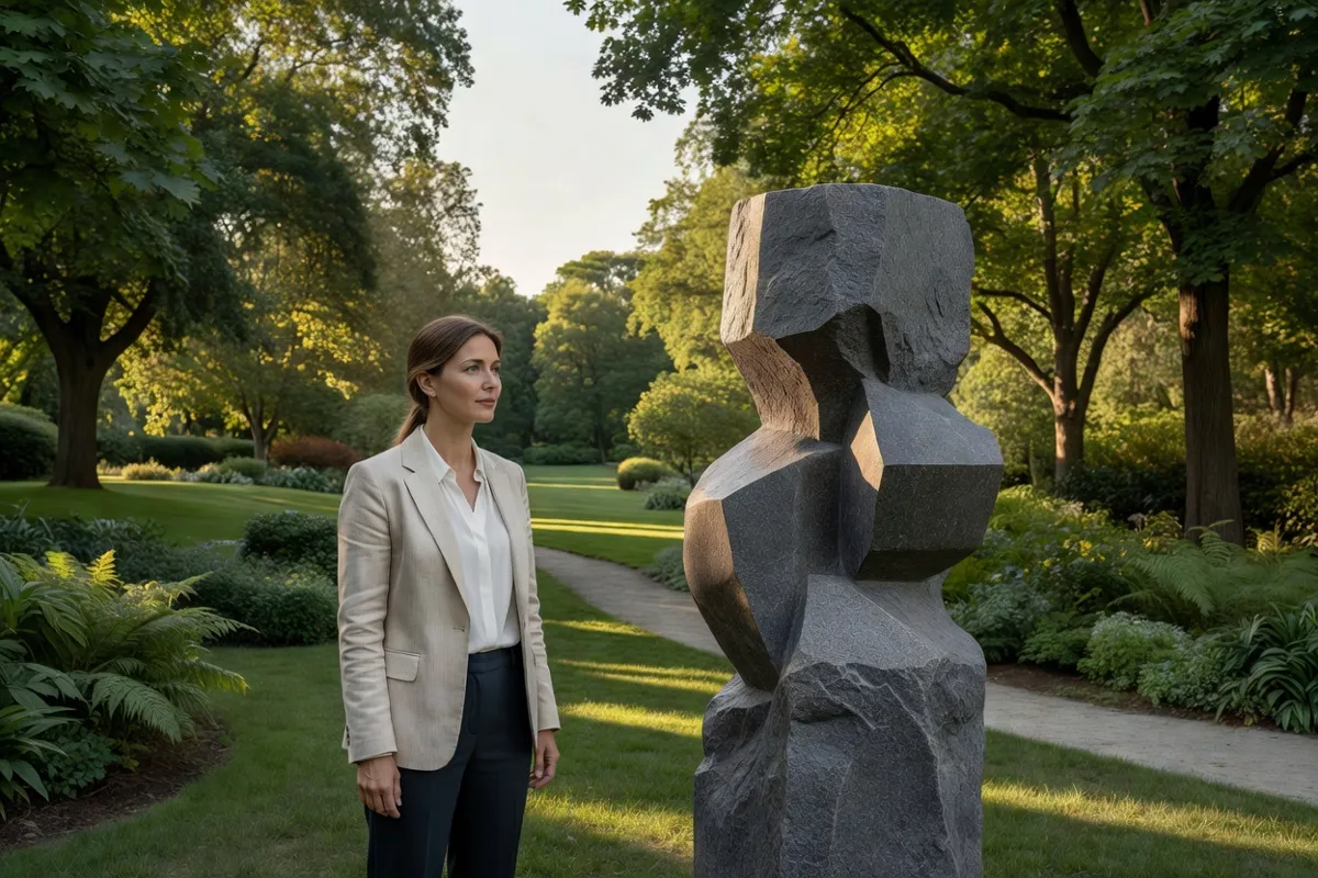 Visiteuse devant une sculpture moderne en pierre dans un jardin arboré