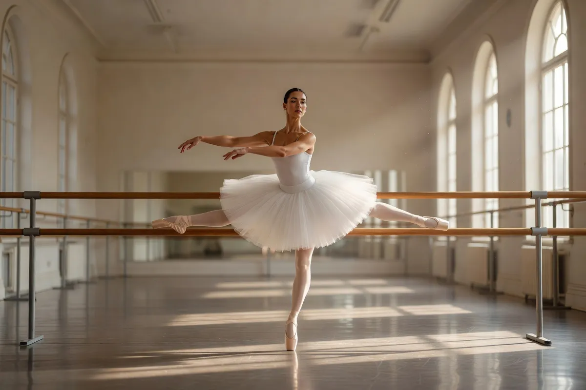 Danseuse en tutu blanc répétant à la barre dans un studio lumineux