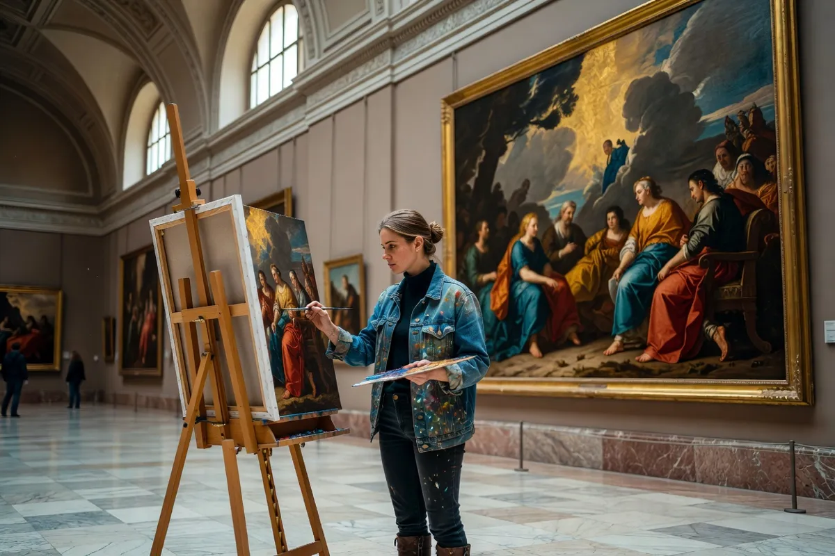 Étudiante en art copiant un tableau dans un musée devant son chevalet