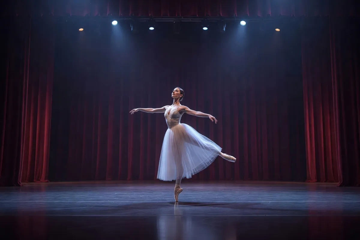 Danseuse en tutu romantique sur une scène de théâtre sous une lumière bleutée