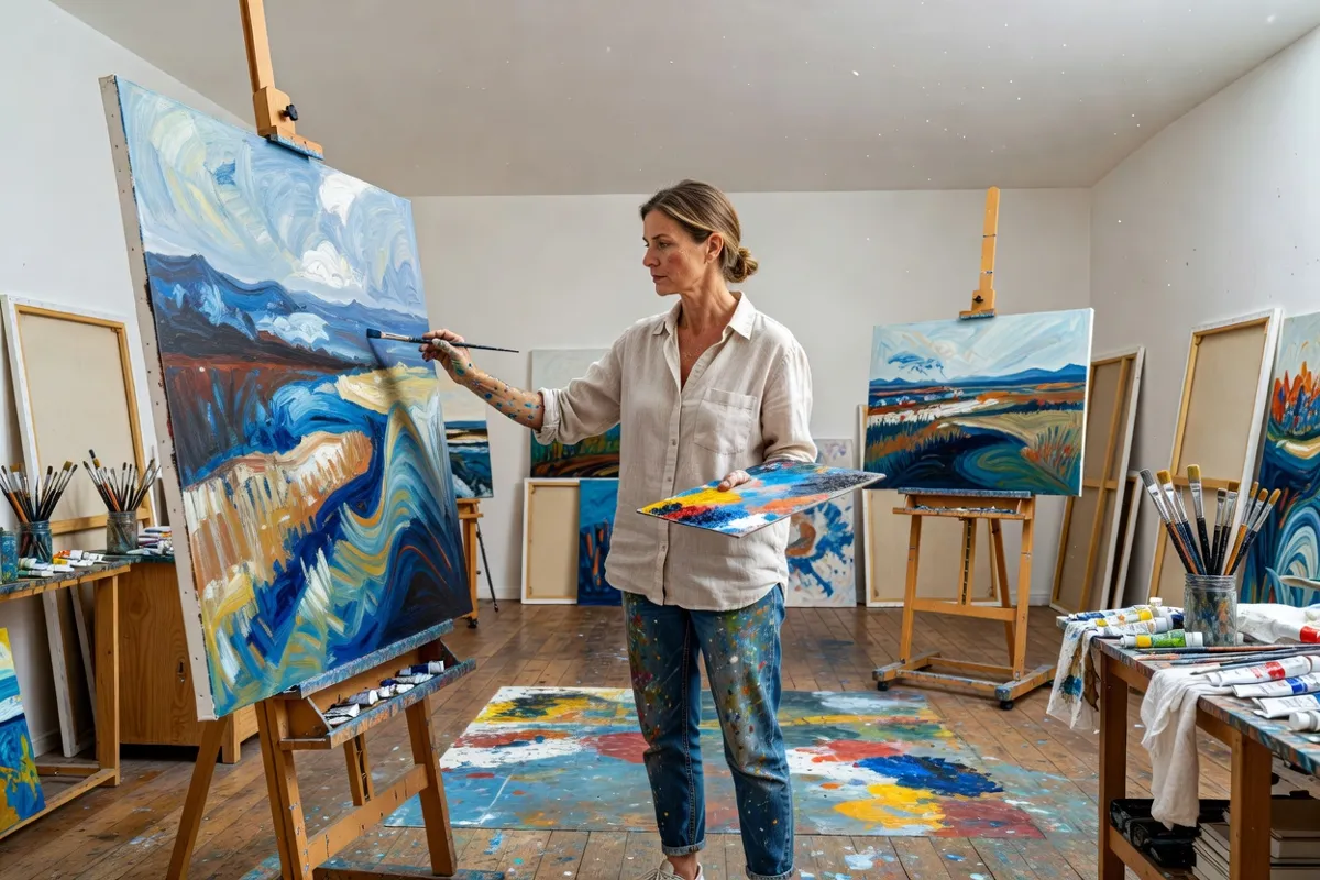 Peintre dans un atelier lumineux devant une grande toile