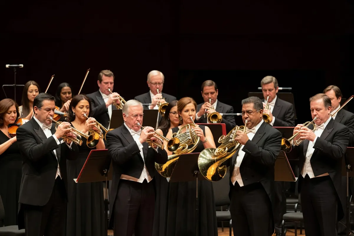 Cuivres d'un orchestre jouant trompettes et cors sous une lumière chaude de scène