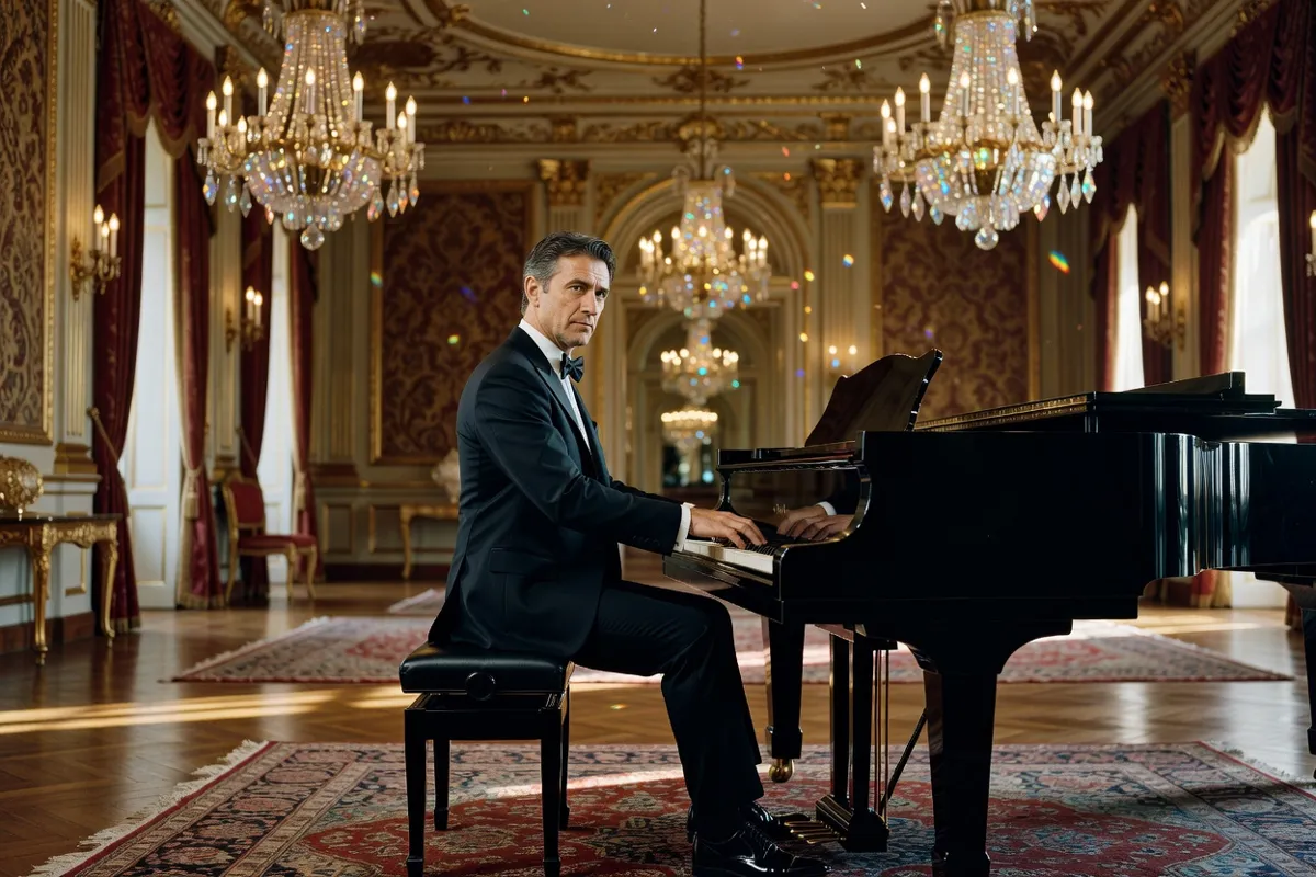 Pianiste en tenue de soirée jouant dans un salon orné de lustres