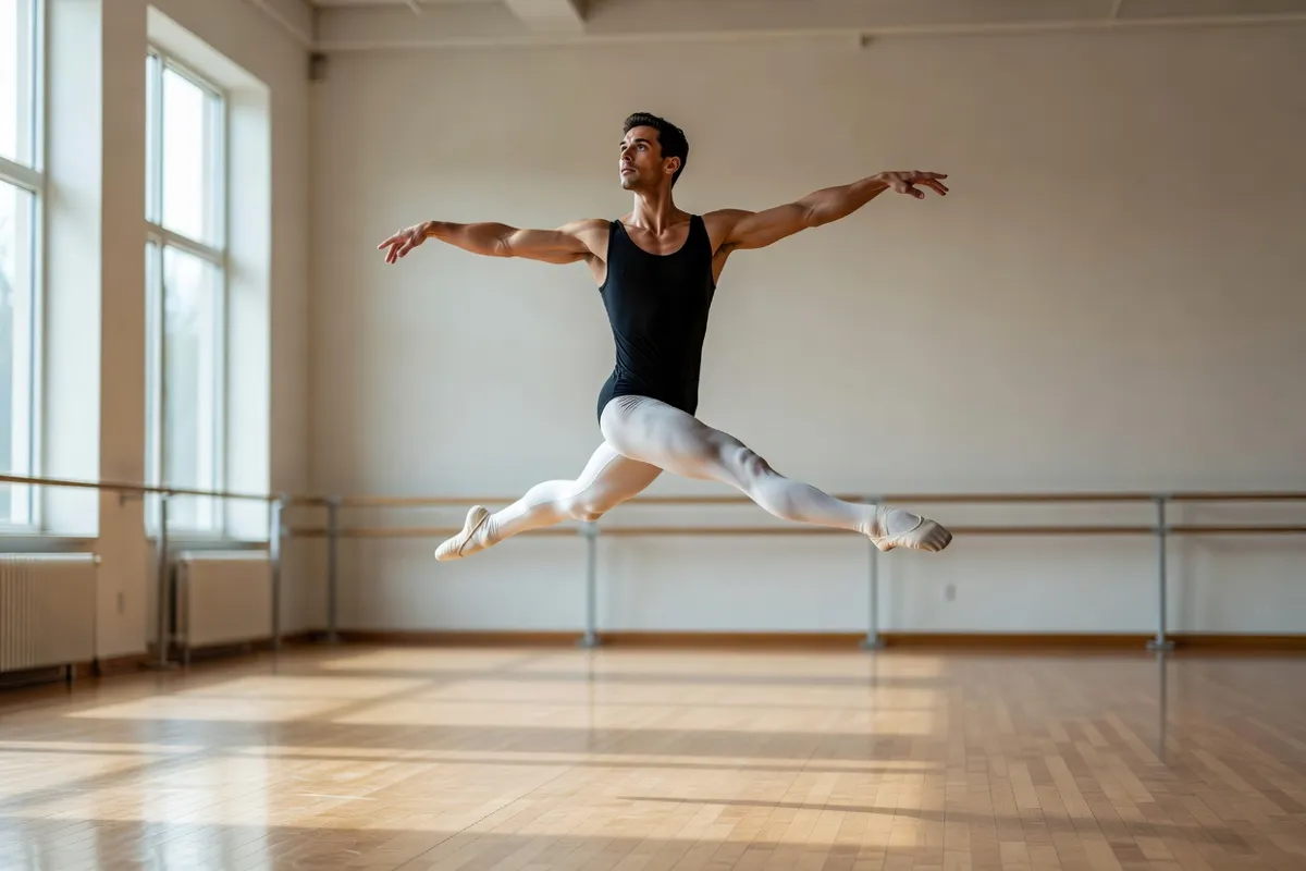 Danseur de ballet en plein saut dans un studio de répétition lumineux