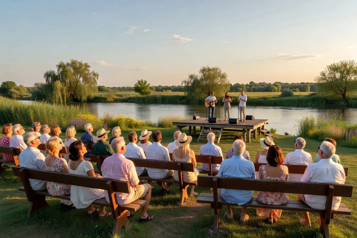 Public adulte assis sur des bancs devant une scène en plein air au bord d'une rivière