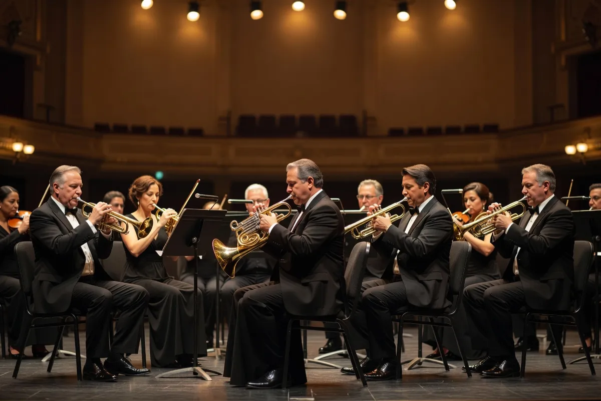 Cuivres d'un orchestre jouant trompettes et cors sous une lumière chaude de scène