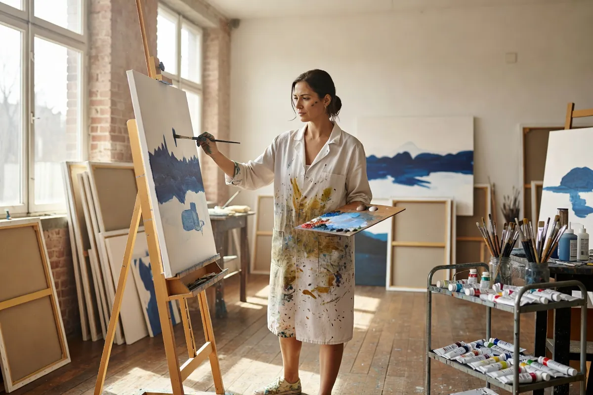 Peintre dans un atelier lumineux devant une grande toile