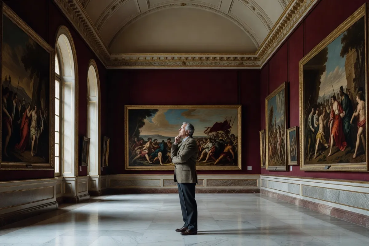 Visiteur devant de grands tableaux encadrés dans une galerie de musée classique