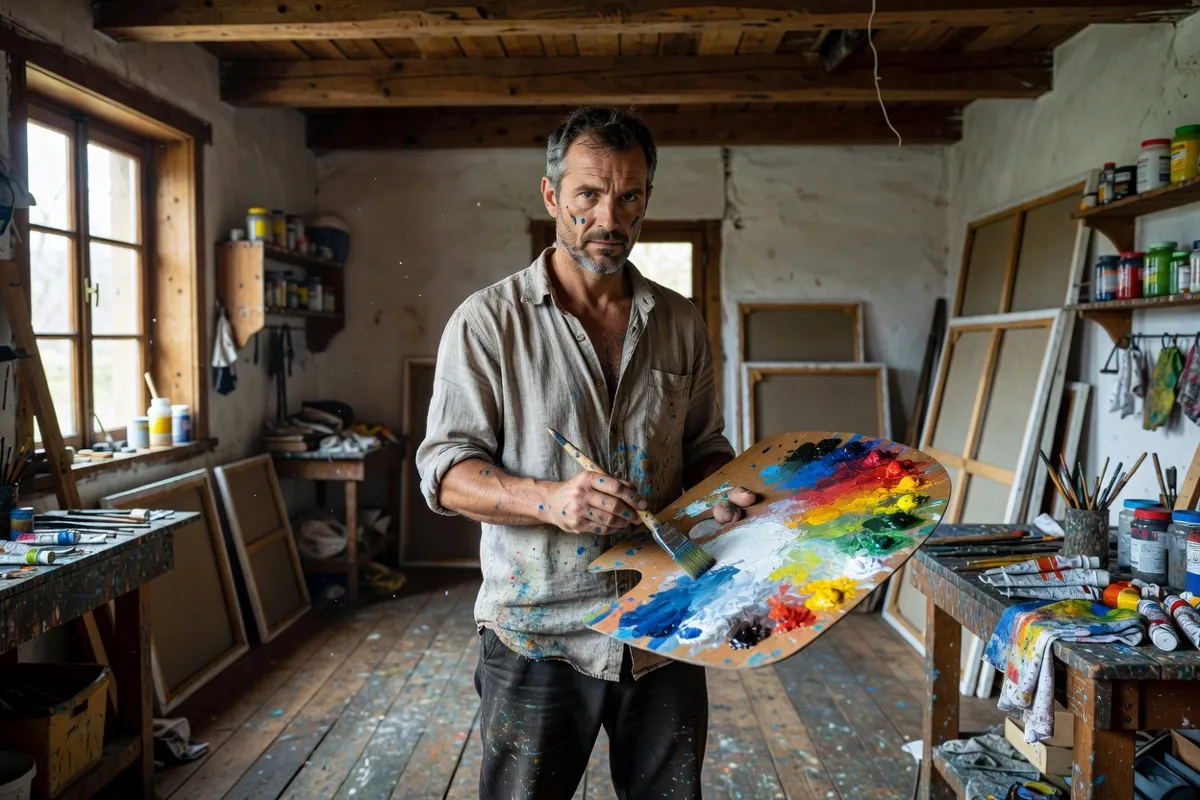 Peintre mélangeant des couleurs sur sa palette dans un atelier rustique éclairé au nord
