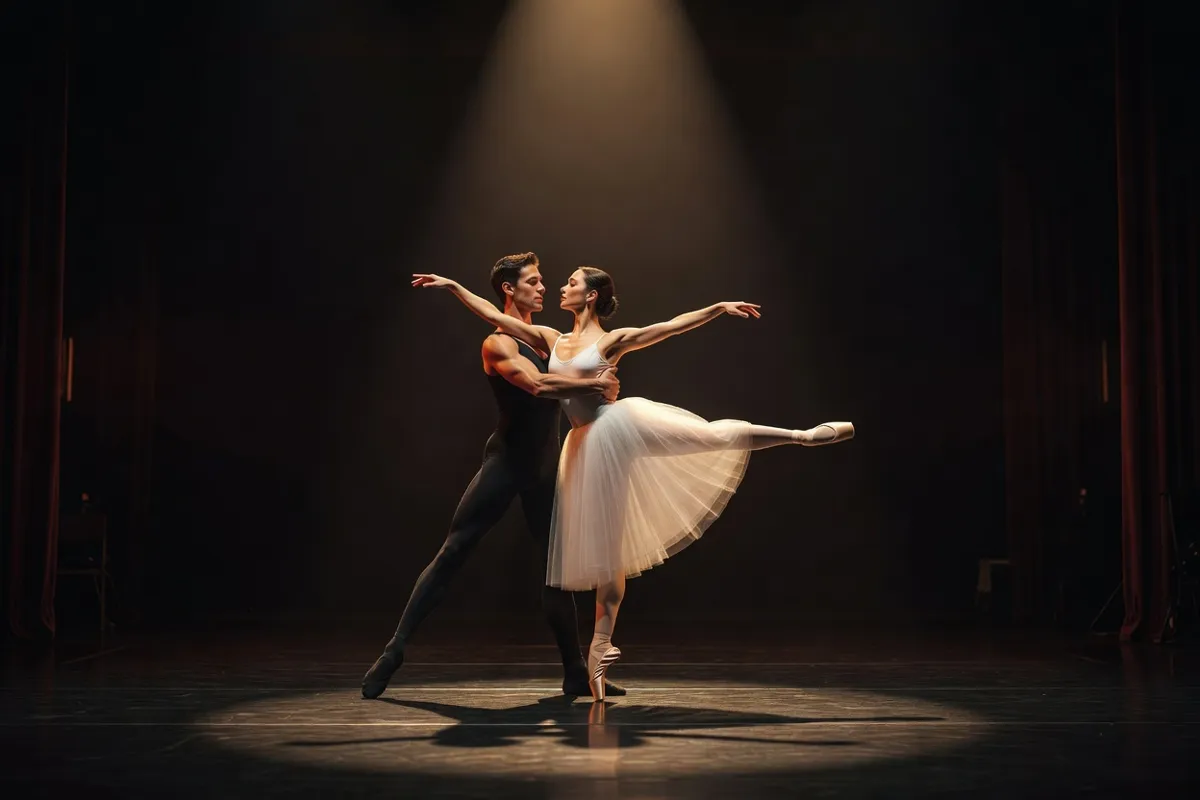 Couple de danseurs exécutant un pas de deux sous un projecteur chaud
