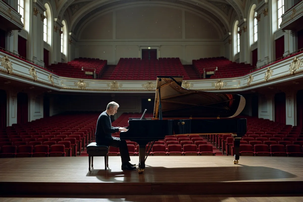 Pianiste répétant seul dans une salle de concert vide en plein jour