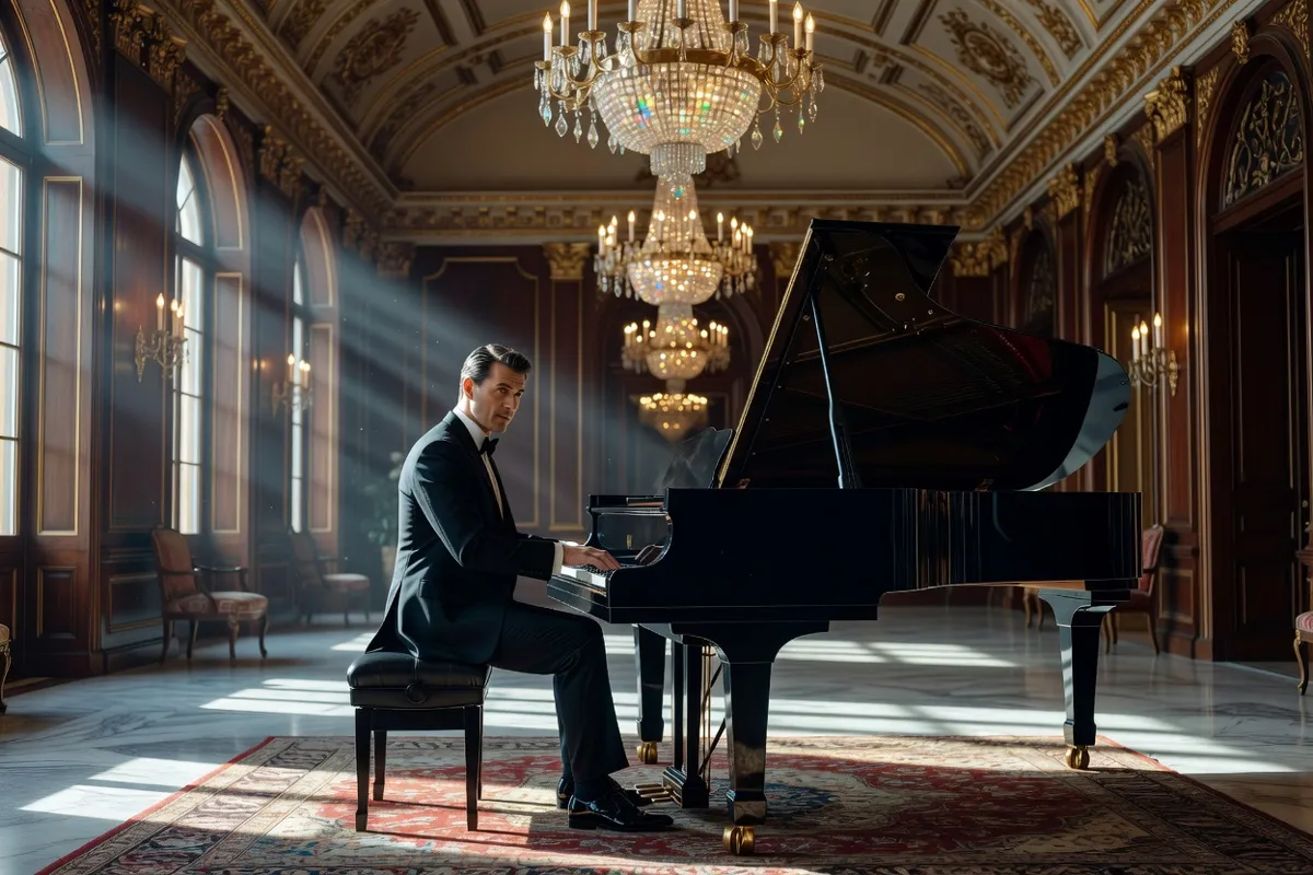 Pianiste en tenue de soirée jouant dans un salon orné de lustres