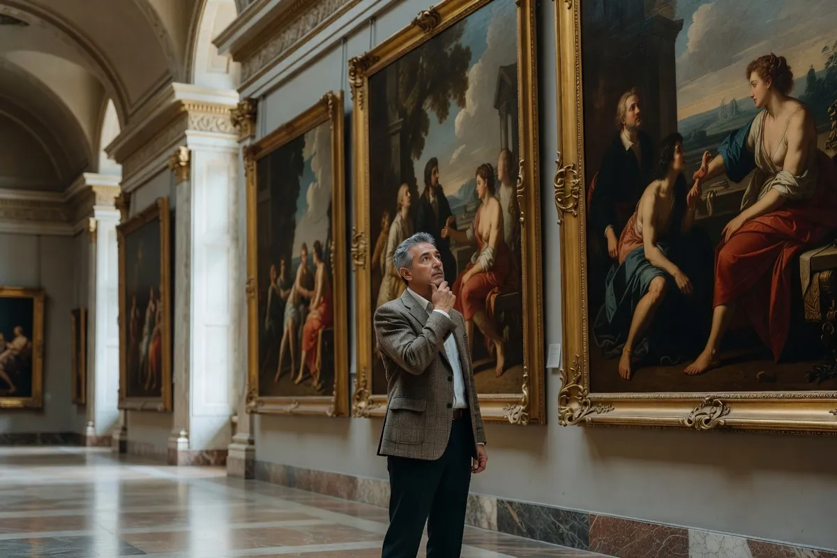 Visiteur devant de grands tableaux encadrés dans une galerie de musée classique