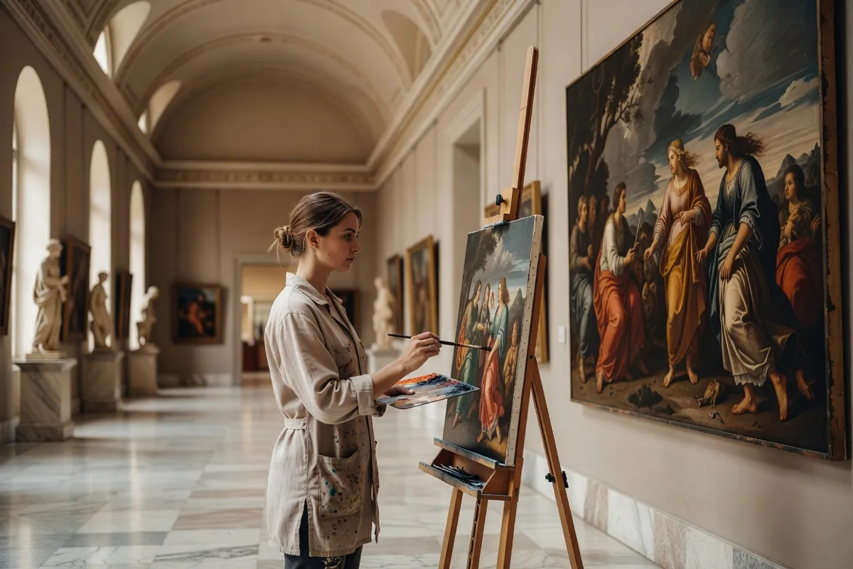 Étudiante en art copiant un tableau dans un musée devant son chevalet