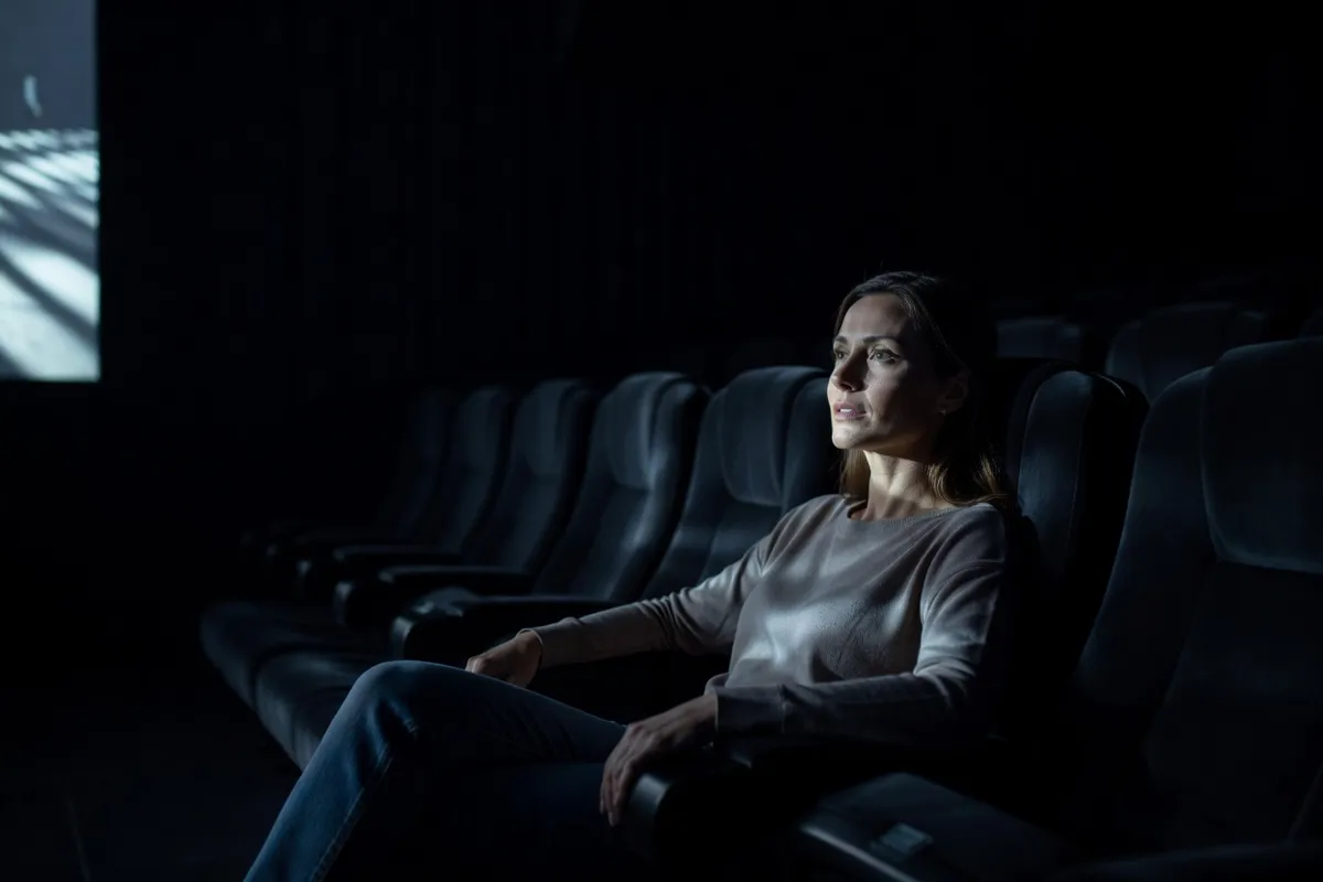 Spectatrice dans une salle de cinéma obscure, visage éclairé par l'écran